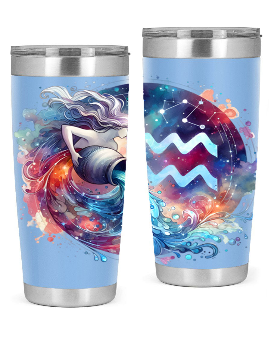 Aquarius 90# Zodiac Tumbler in stainless steel with a sleek design, showcasing its double wall vacuum insulation and drink-thru lid.