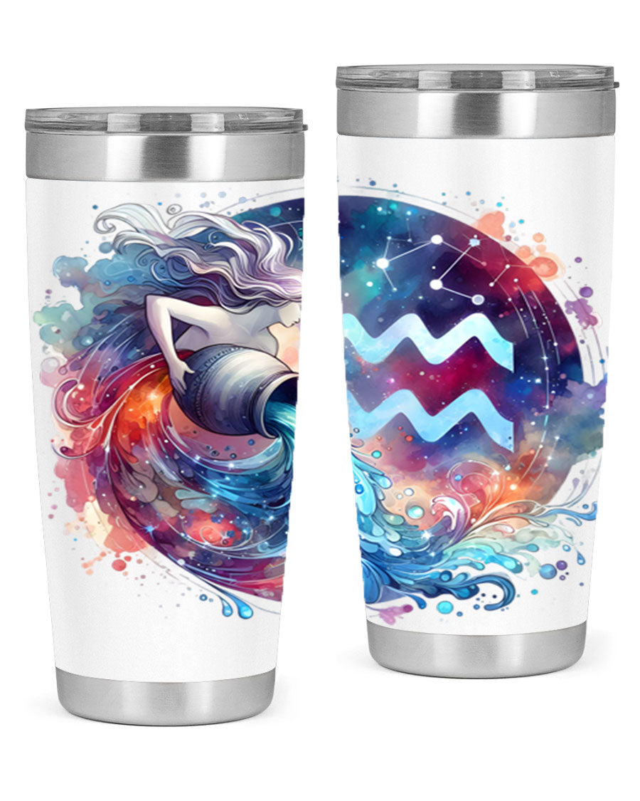 Aquarius 90# Zodiac Tumbler in stainless steel with a sleek design, showcasing its double wall vacuum insulation and drink-thru lid.