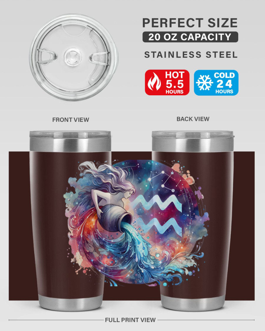 Aquarius 90# Zodiac Tumbler in stainless steel with a sleek design, showcasing its double wall vacuum insulation and drink-thru lid.