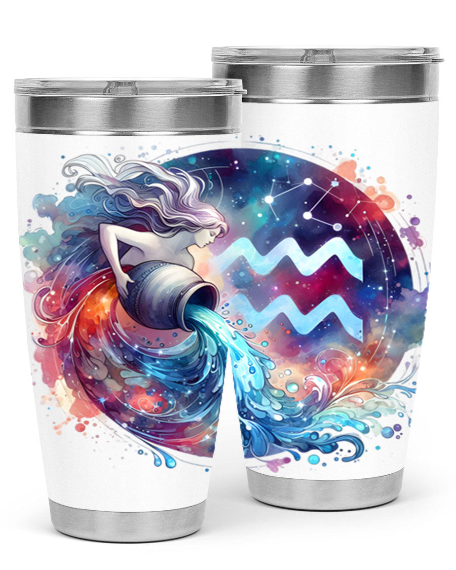 Aquarius 90# Zodiac Tumbler in stainless steel with a sleek design, showcasing its double wall vacuum insulation and drink-thru lid.