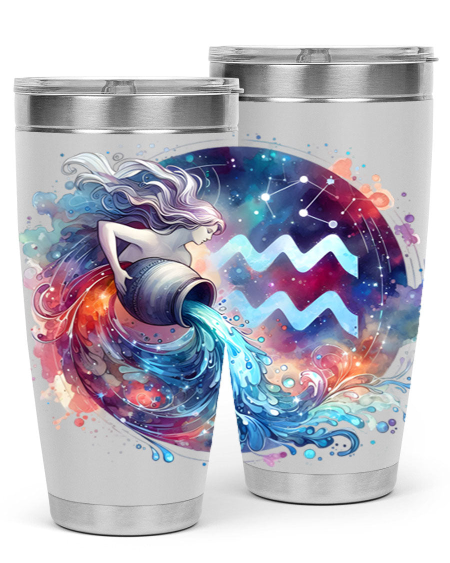 Aquarius 90# Zodiac Tumbler in stainless steel with a sleek design, showcasing its double wall vacuum insulation and drink-thru lid.