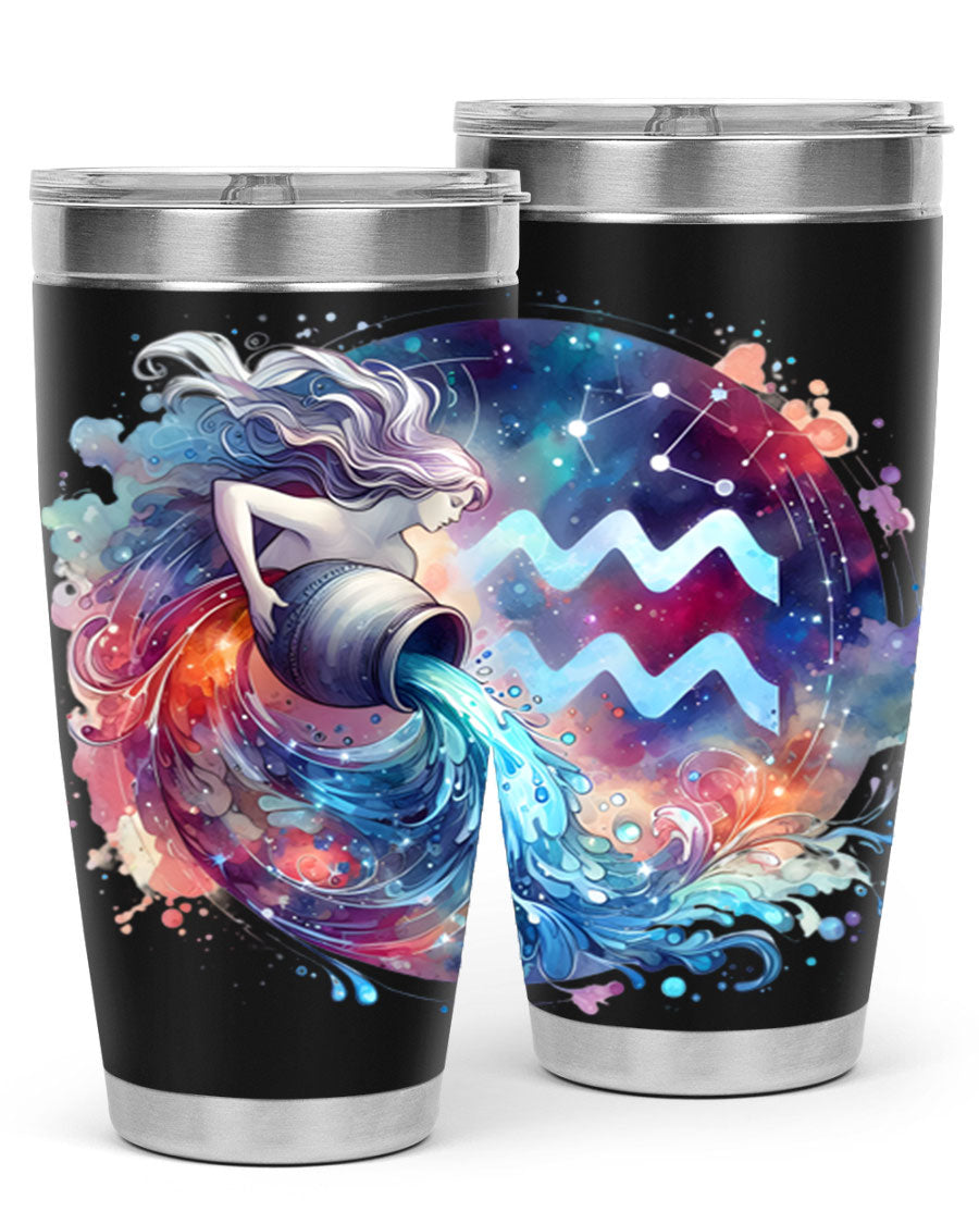 Aquarius 90# Zodiac Tumbler in stainless steel with a sleek design, showcasing its double wall vacuum insulation and drink-thru lid.