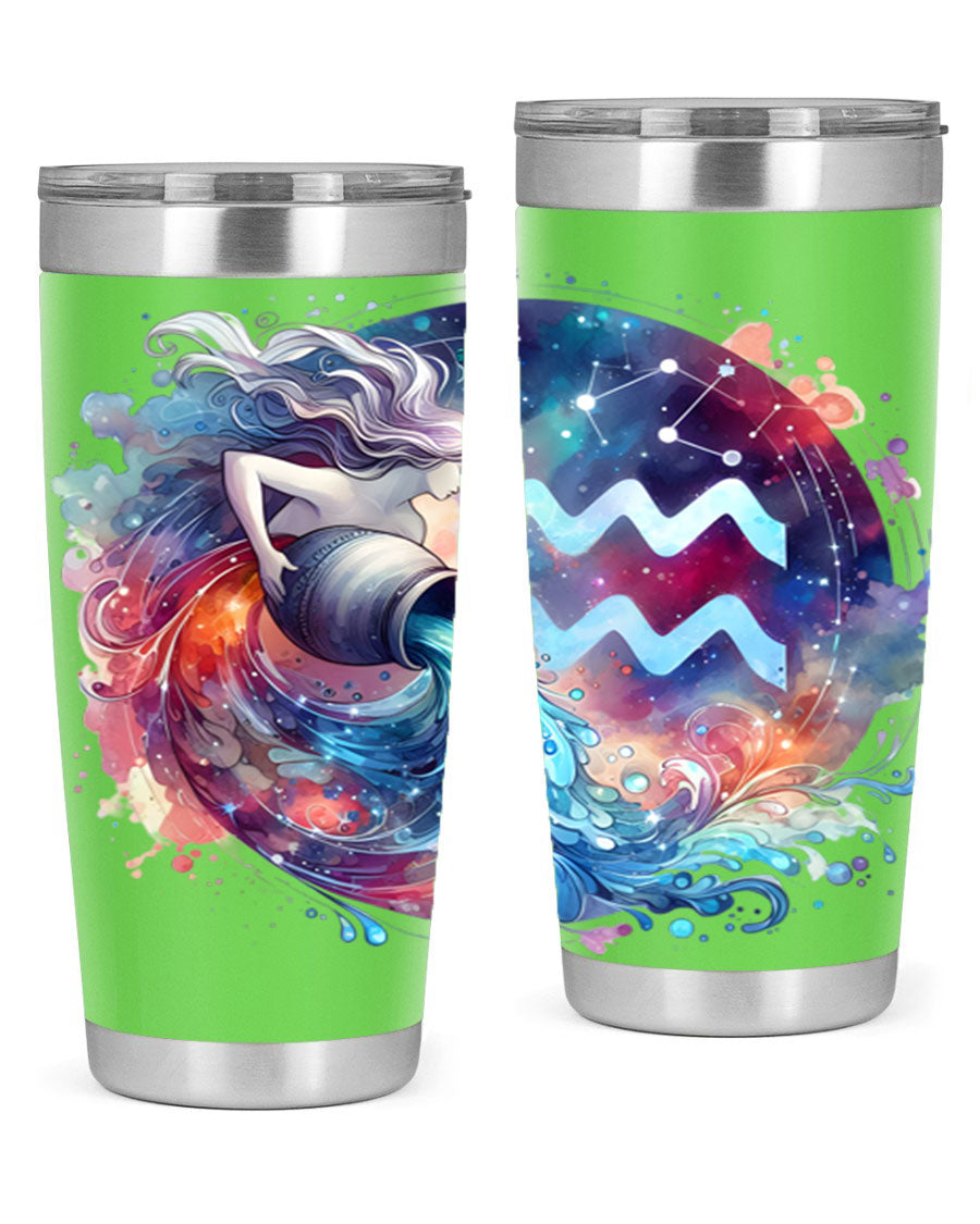 Aquarius 90# Zodiac Tumbler in stainless steel with a sleek design, showcasing its double wall vacuum insulation and drink-thru lid.