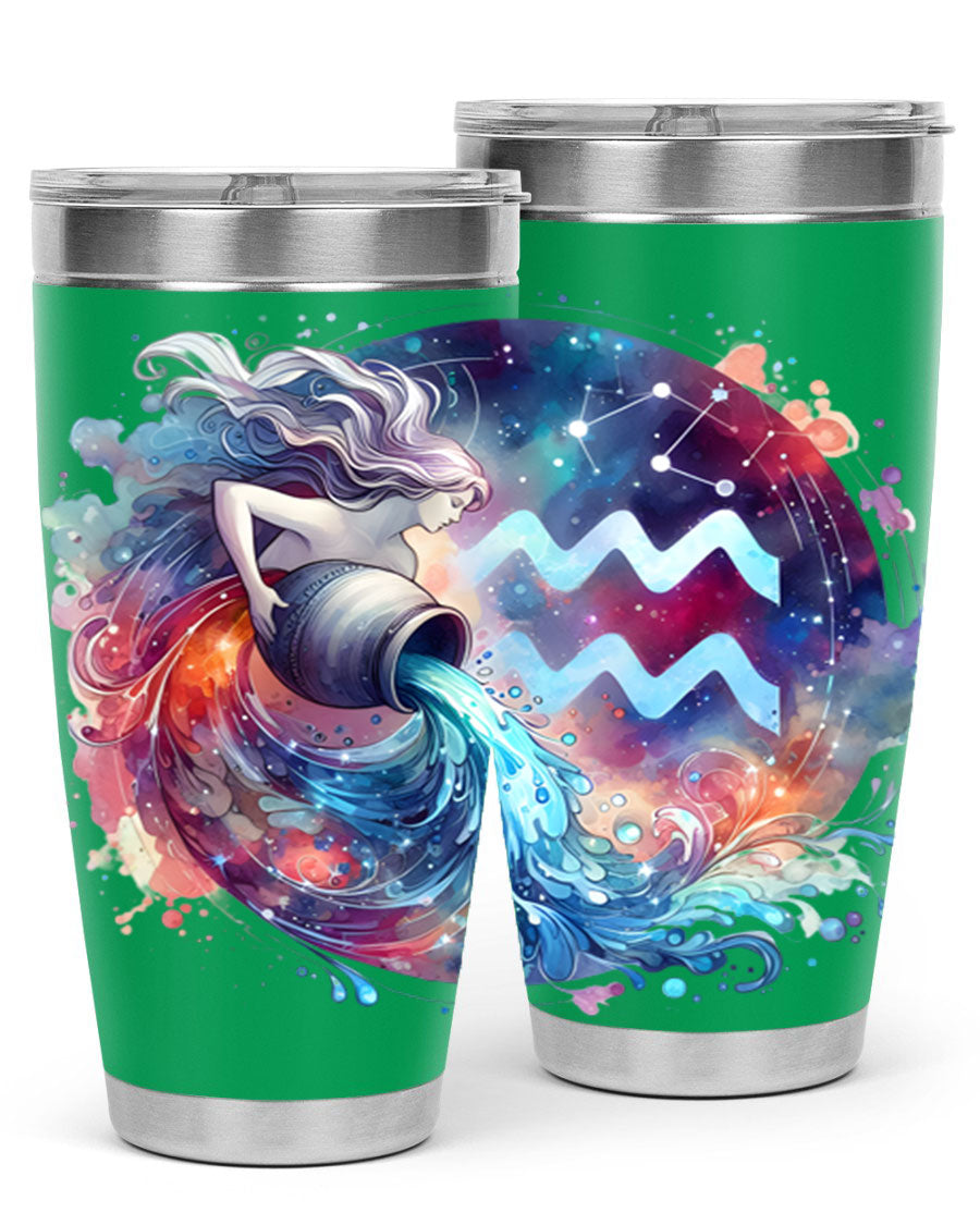 Aquarius 90# Zodiac Tumbler in stainless steel with a sleek design, showcasing its double wall vacuum insulation and drink-thru lid.