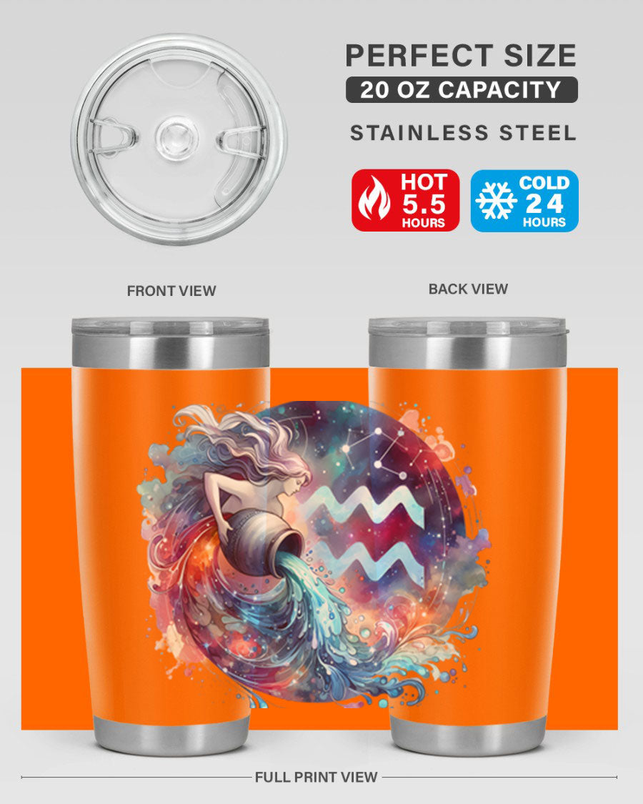 Aquarius 90# Zodiac Tumbler in stainless steel with a sleek design, showcasing its double wall vacuum insulation and drink-thru lid.