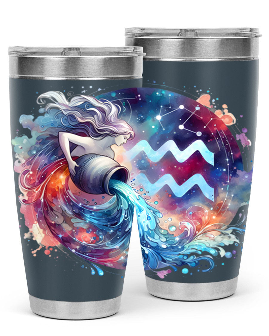 Aquarius 90# Zodiac Tumbler in stainless steel with a sleek design, showcasing its double wall vacuum insulation and drink-thru lid.