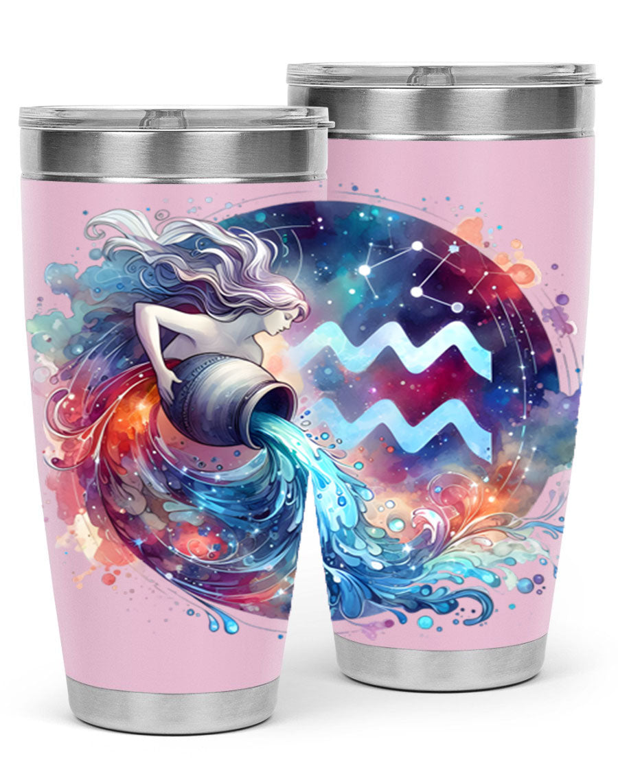 Aquarius 90# Zodiac Tumbler in stainless steel with a sleek design, showcasing its double wall vacuum insulation and drink-thru lid.