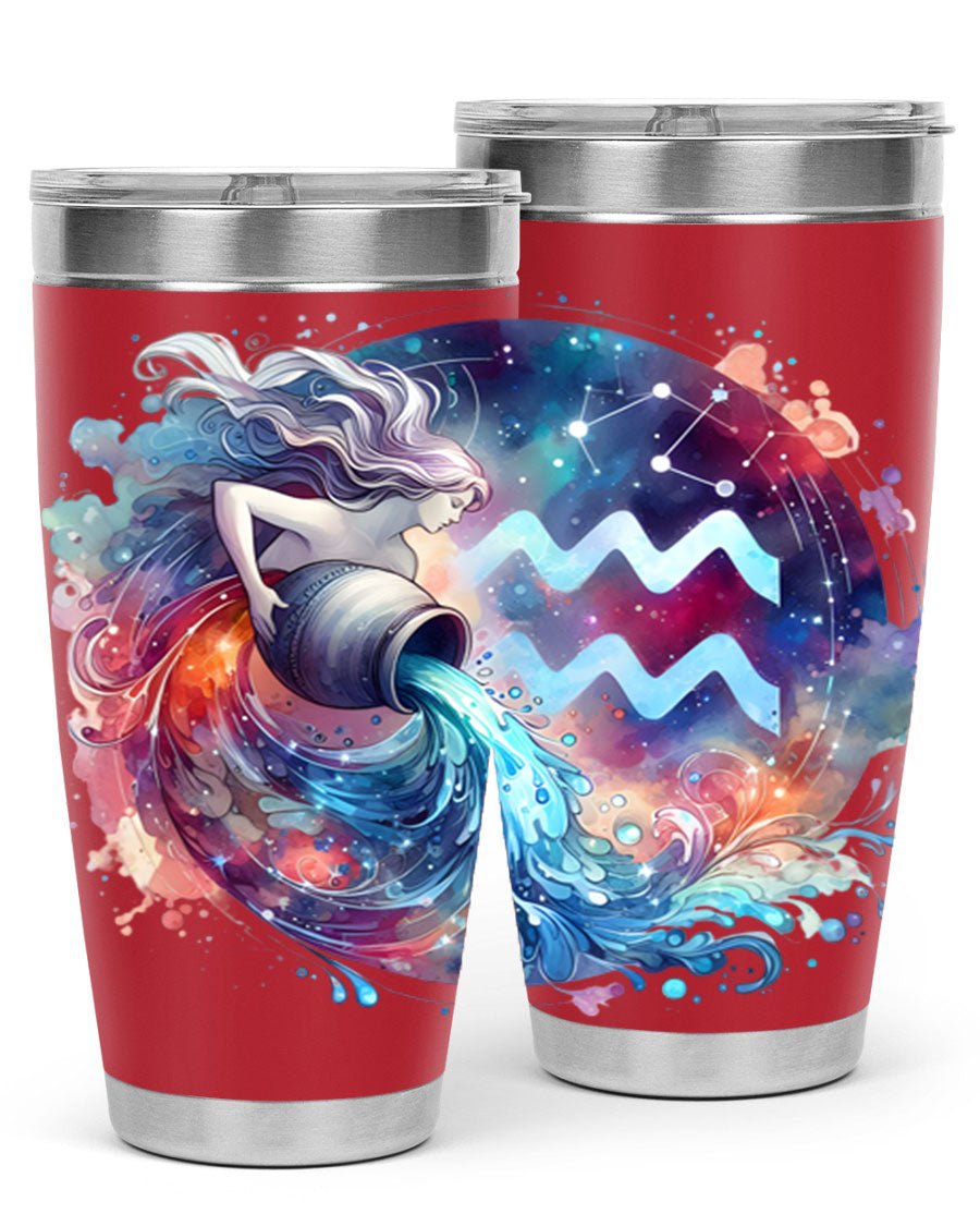 Aquarius 90# Zodiac Tumbler in stainless steel with a sleek design, showcasing its double wall vacuum insulation and drink-thru lid.