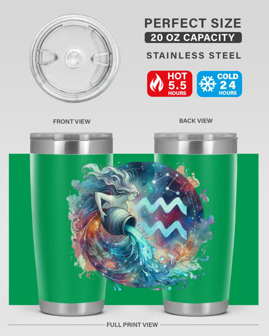 Aquarius 90# Zodiac Tumbler in stainless steel with a sleek design, showcasing its double wall vacuum insulation and drink-thru lid.
