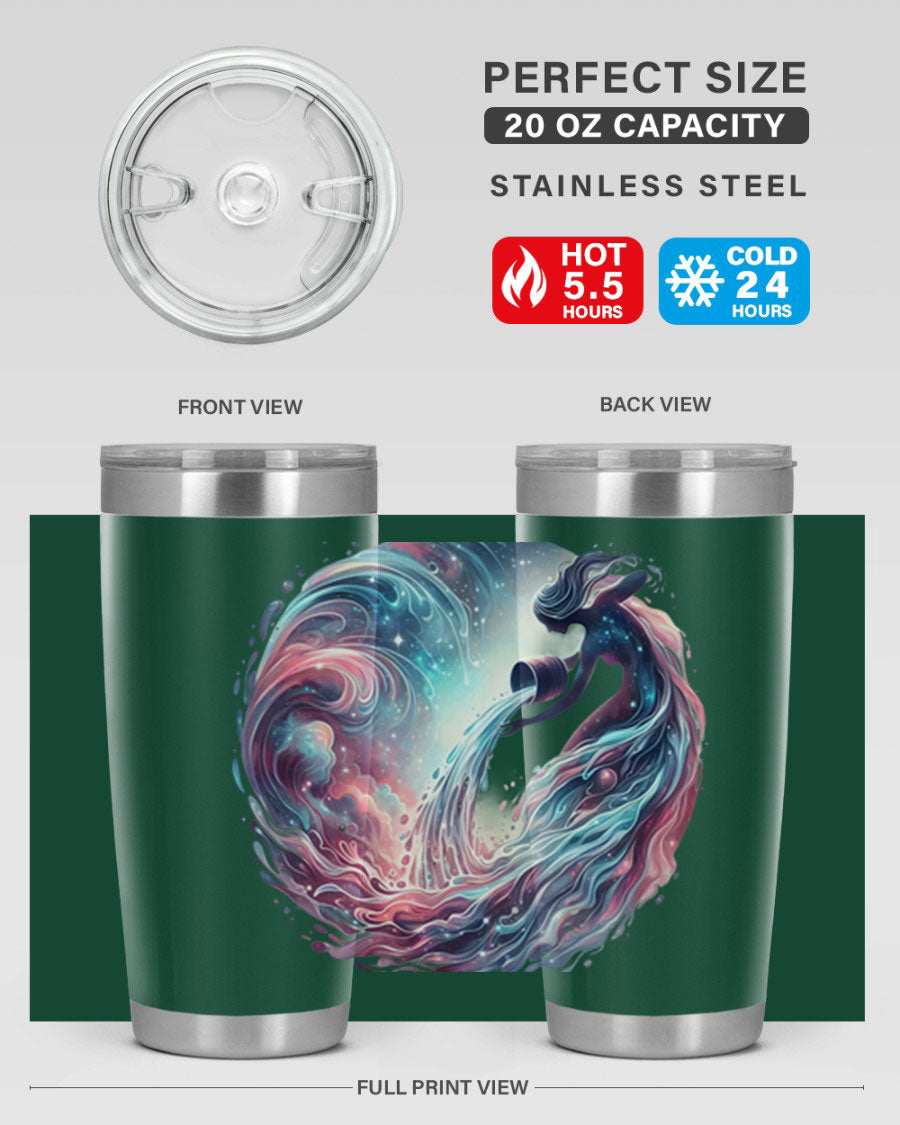 Aquarius 91# Zodiac Tumbler in stainless steel with a sleek design, perfect for hot and cold beverages.