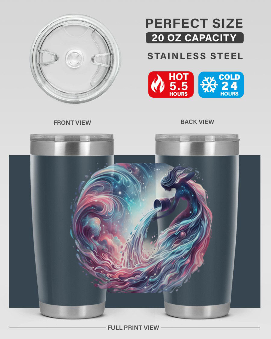 Aquarius 91# Zodiac Tumbler in stainless steel with a sleek design, perfect for hot and cold beverages.