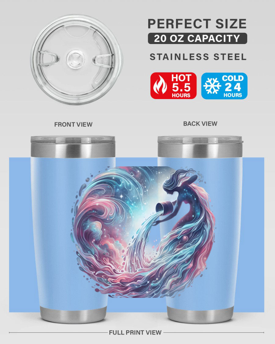 Aquarius 91# Zodiac Tumbler in stainless steel with a sleek design, perfect for hot and cold beverages.