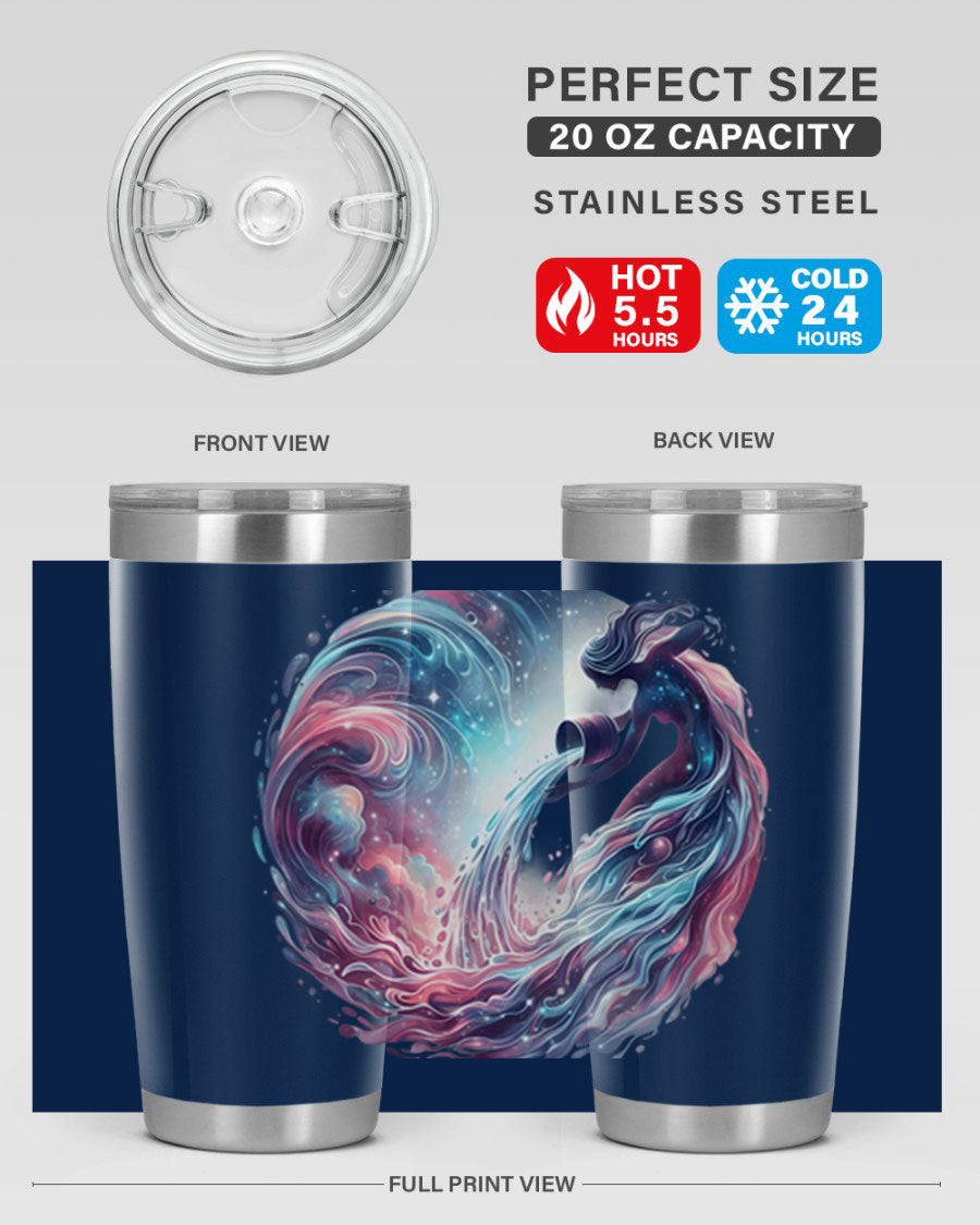 Aquarius 91# Zodiac Tumbler in stainless steel with a sleek design, perfect for hot and cold beverages.