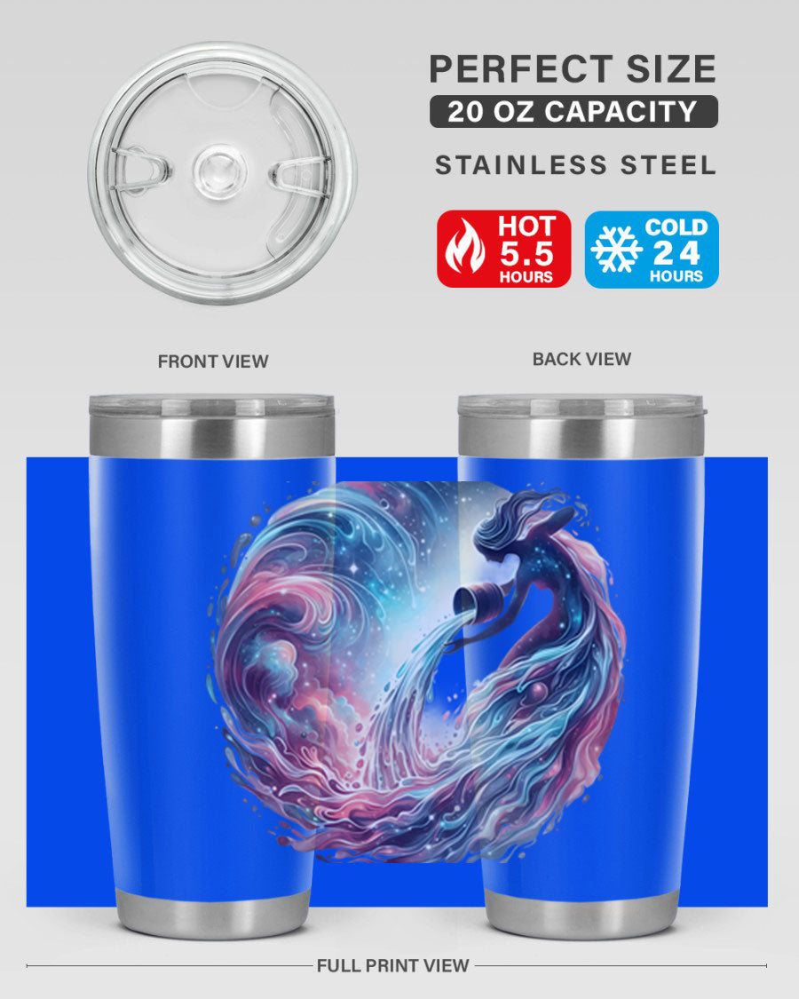 Aquarius 91# Zodiac Tumbler in stainless steel with a sleek design, perfect for hot and cold beverages.