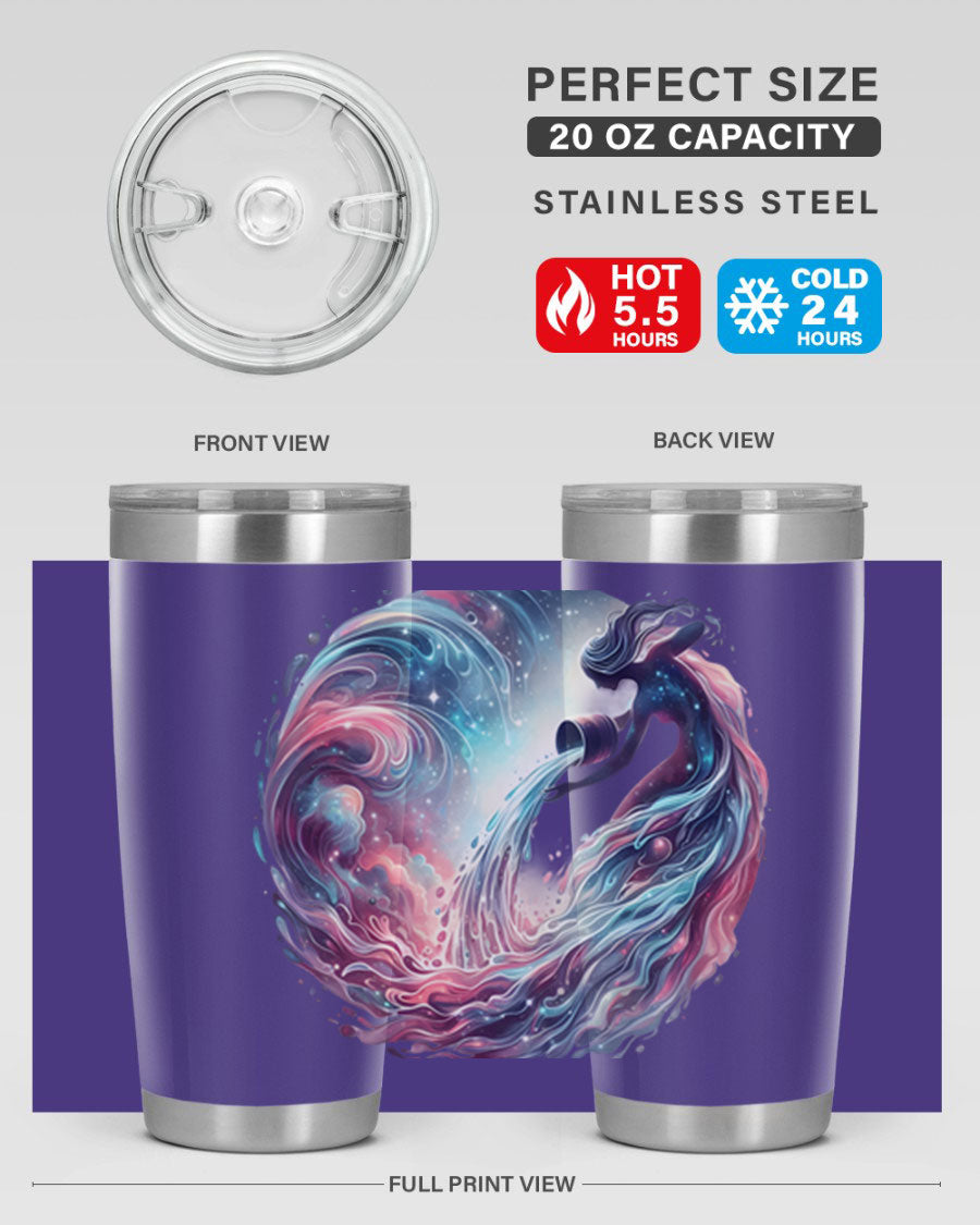 Aquarius 91# Zodiac Tumbler in stainless steel with a sleek design, perfect for hot and cold beverages.