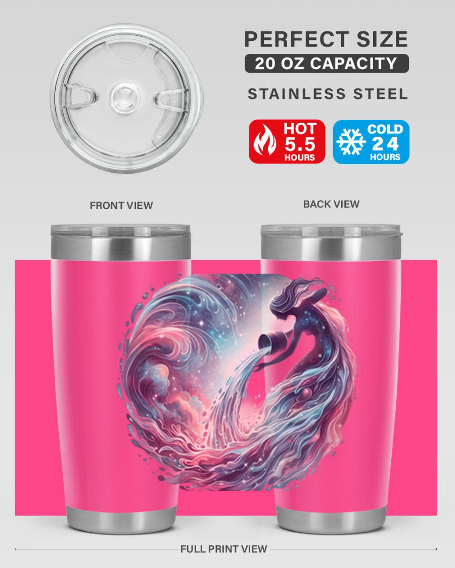 Aquarius 91# Zodiac Tumbler in stainless steel with a sleek design, perfect for hot and cold beverages.