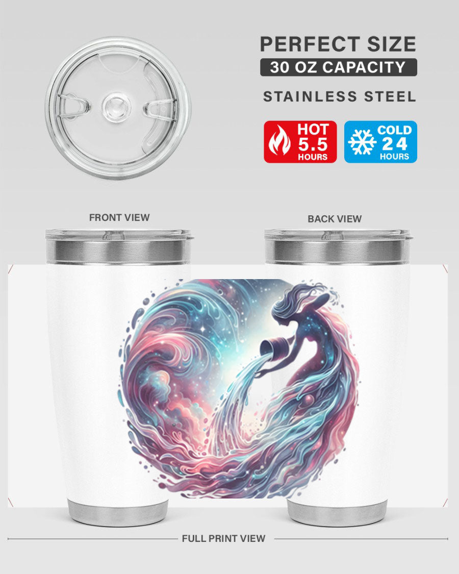 Aquarius 91# Zodiac Tumbler in stainless steel with a sleek design, perfect for hot and cold beverages.