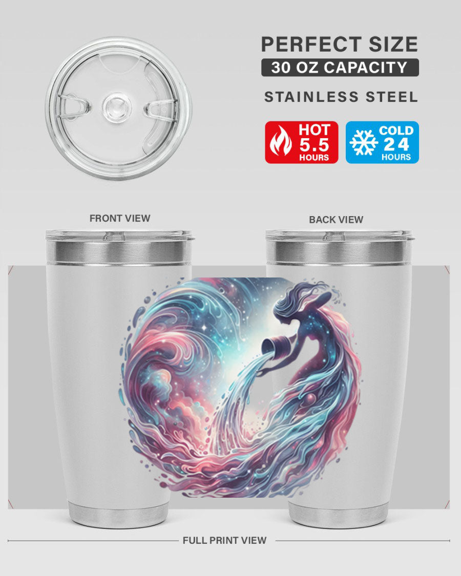 Aquarius 91# Zodiac Tumbler in stainless steel with a sleek design, perfect for hot and cold beverages.