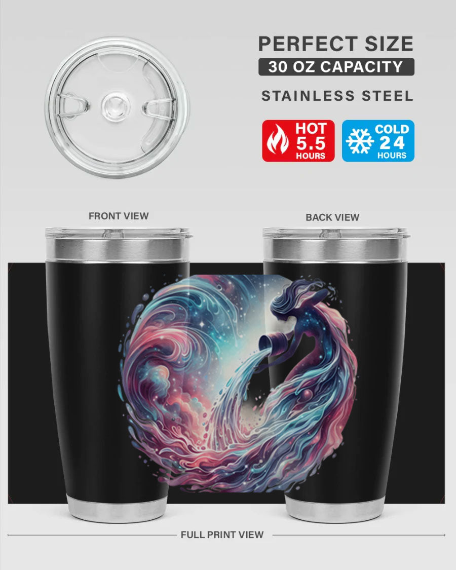 Aquarius 91# Zodiac Tumbler in stainless steel with a sleek design, perfect for hot and cold beverages.