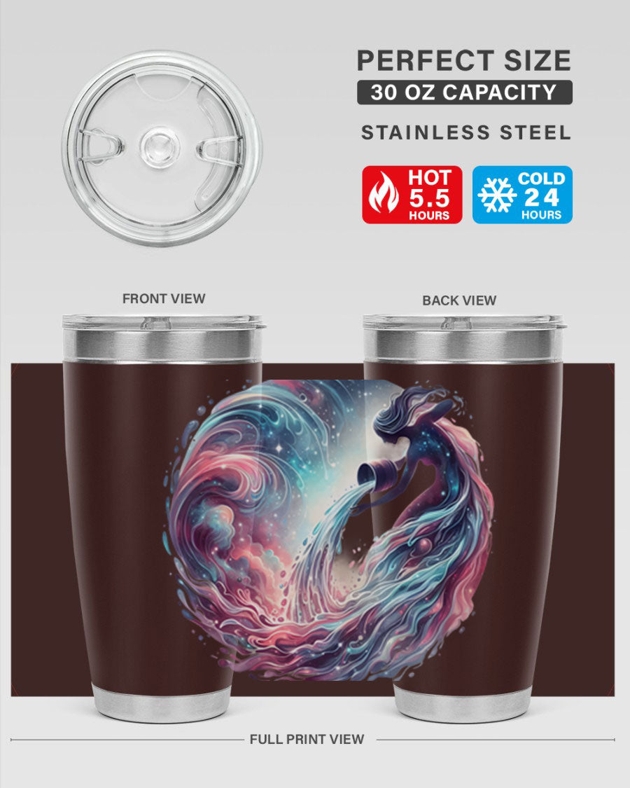 Aquarius 91# Zodiac Tumbler in stainless steel with a sleek design, perfect for hot and cold beverages.
