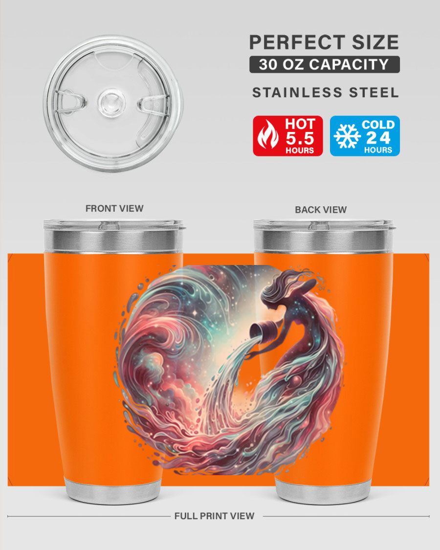 Aquarius 91# Zodiac Tumbler in stainless steel with a sleek design, perfect for hot and cold beverages.