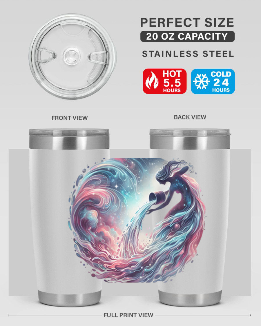 Aquarius 91# Zodiac Tumbler in stainless steel with a sleek design, perfect for hot and cold beverages.