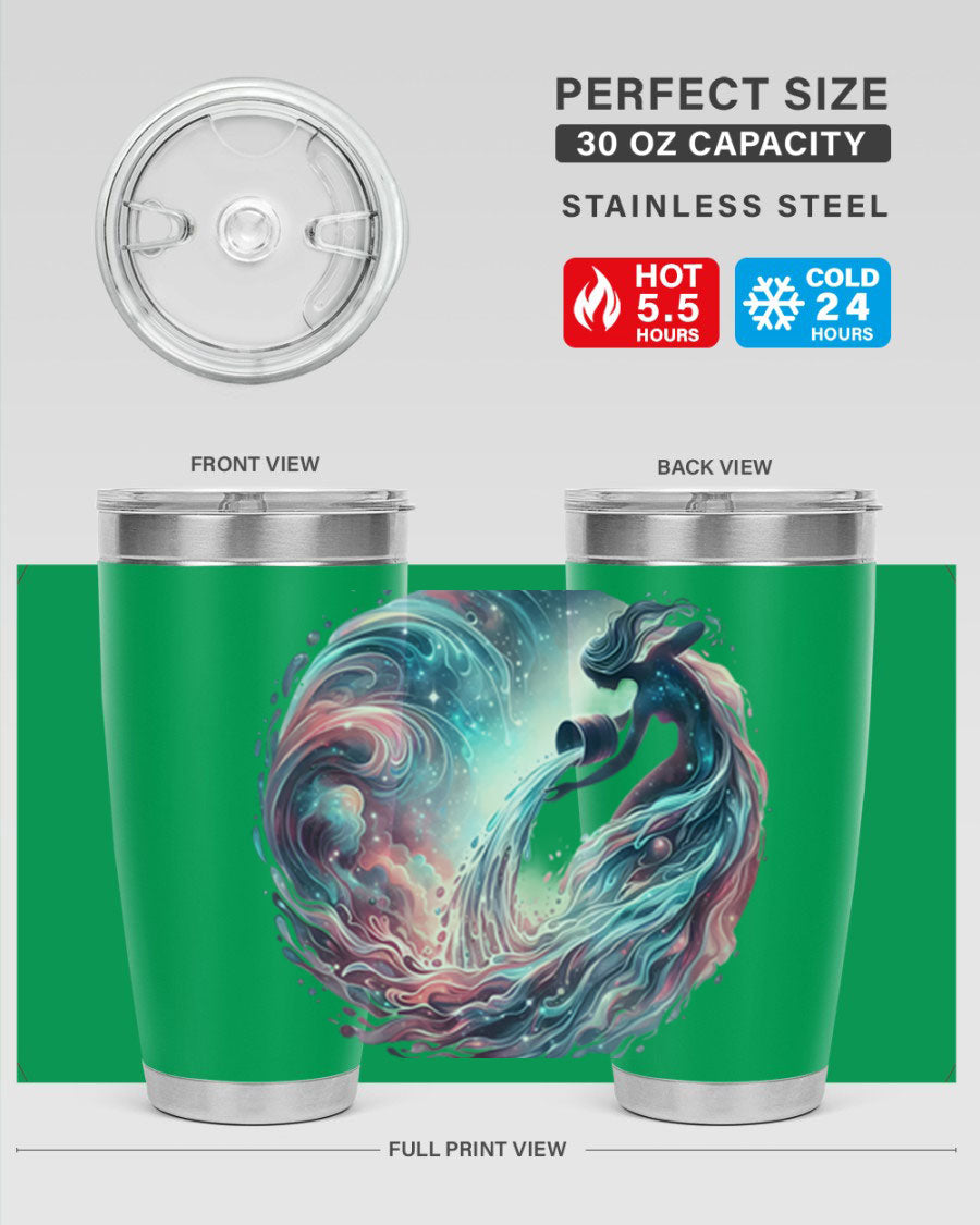 Aquarius 91# Zodiac Tumbler in stainless steel with a sleek design, perfect for hot and cold beverages.