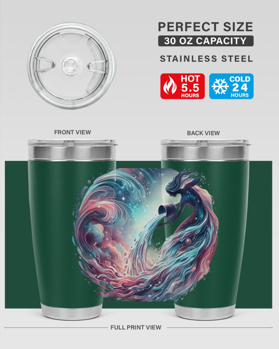 Aquarius 91# Zodiac Tumbler in stainless steel with a sleek design, perfect for hot and cold beverages.