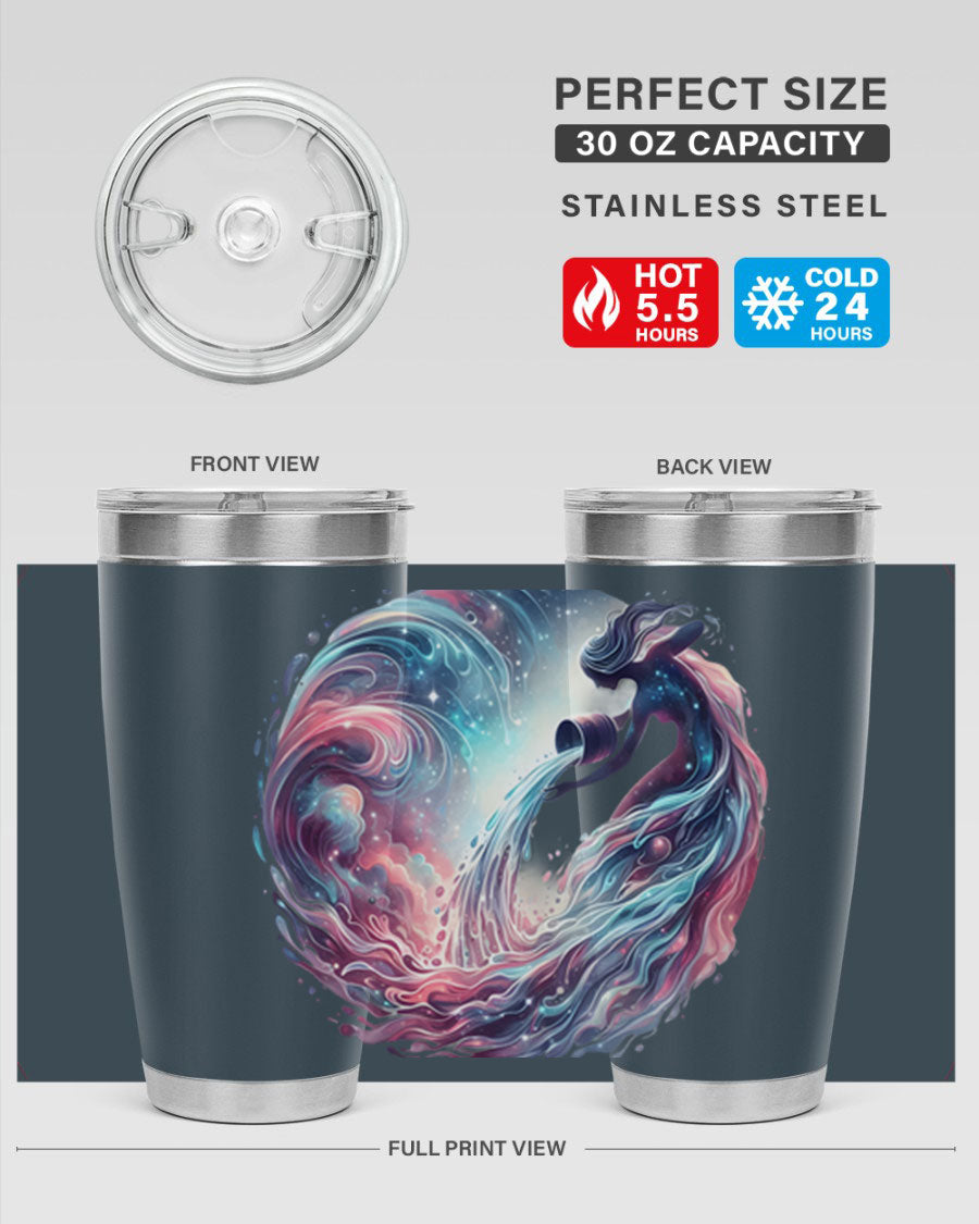 Aquarius 91# Zodiac Tumbler in stainless steel with a sleek design, perfect for hot and cold beverages.