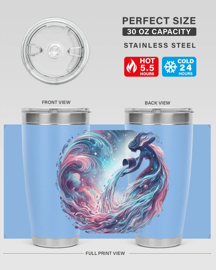 Aquarius 91# Zodiac Tumbler in stainless steel with a sleek design, perfect for hot and cold beverages.