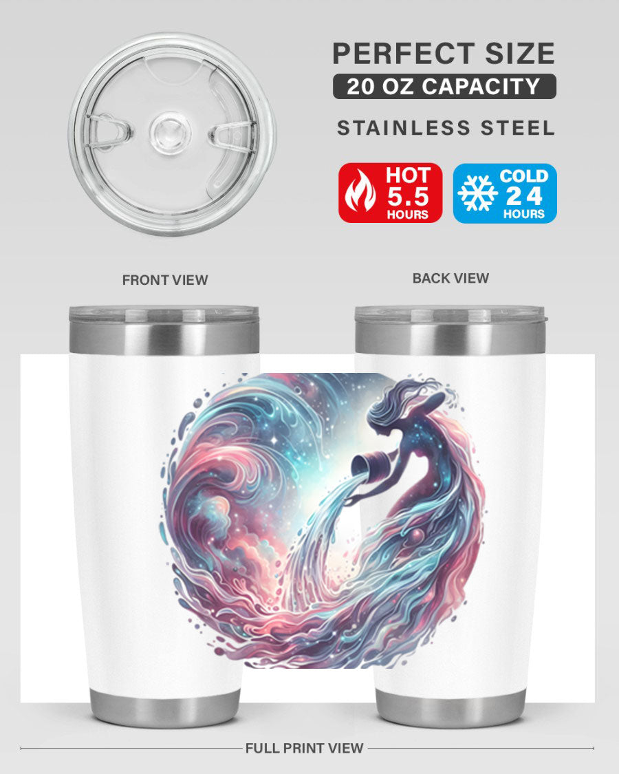 Aquarius 91# Zodiac Tumbler in stainless steel with a sleek design, perfect for hot and cold beverages.