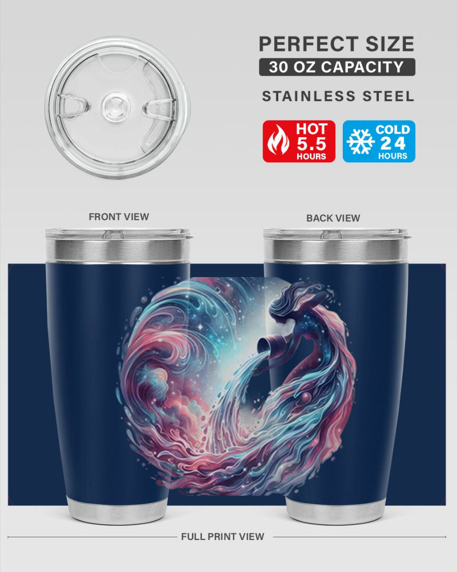 Aquarius 91# Zodiac Tumbler in stainless steel with a sleek design, perfect for hot and cold beverages.