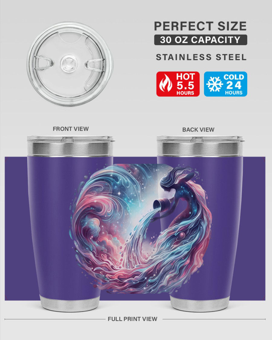 Aquarius 91# Zodiac Tumbler in stainless steel with a sleek design, perfect for hot and cold beverages.