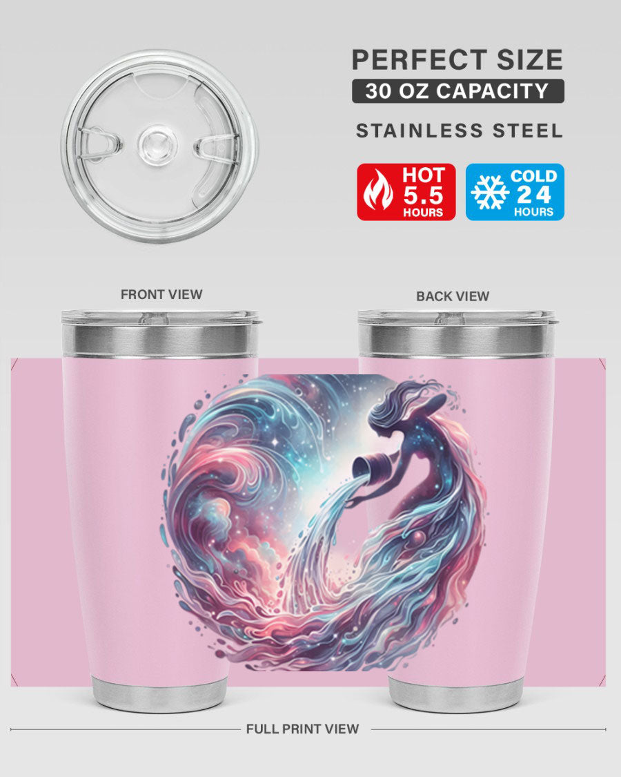 Aquarius 91# Zodiac Tumbler in stainless steel with a sleek design, perfect for hot and cold beverages.