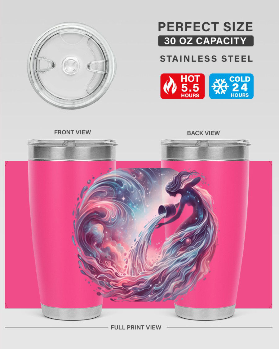 Aquarius 91# Zodiac Tumbler in stainless steel with a sleek design, perfect for hot and cold beverages.
