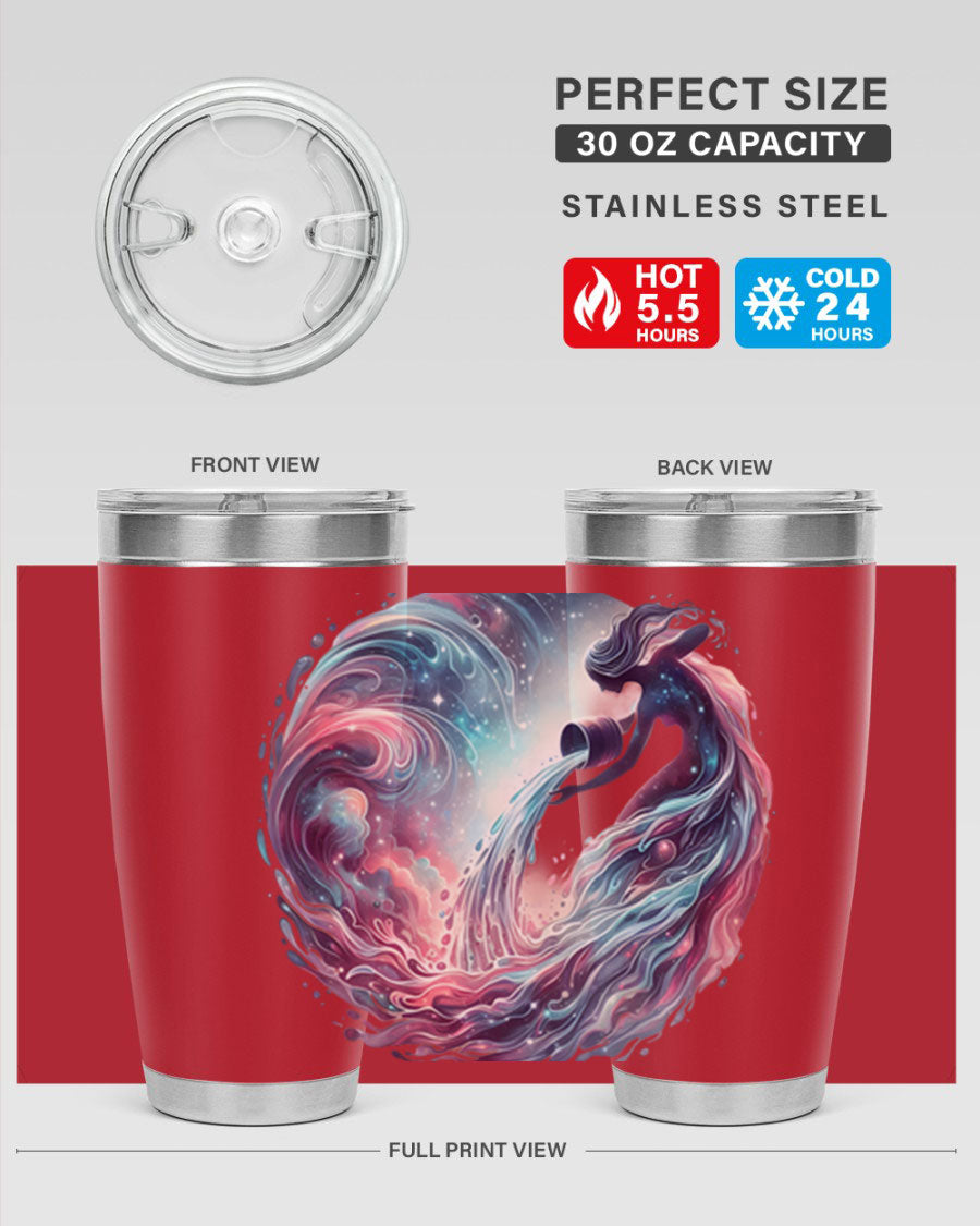 Aquarius 91# Zodiac Tumbler in stainless steel with a sleek design, perfect for hot and cold beverages.