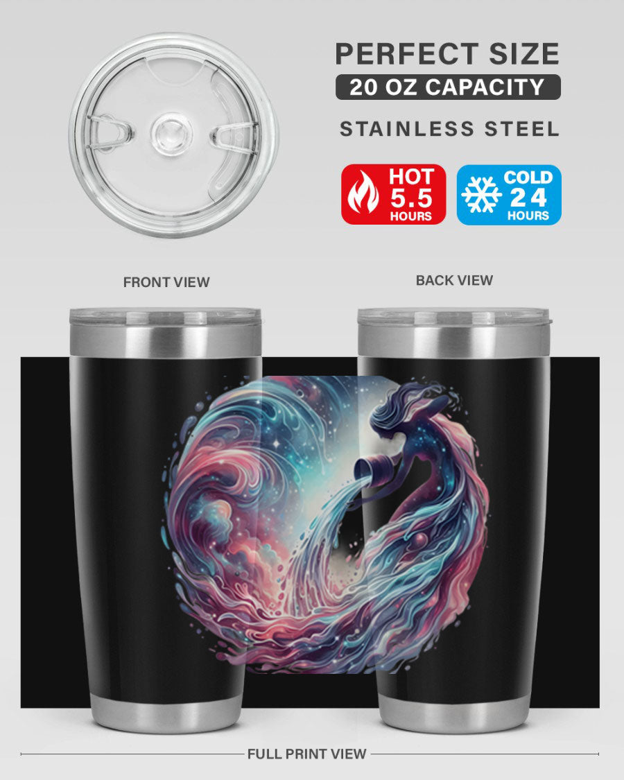 Aquarius 91# Zodiac Tumbler in stainless steel with a sleek design, perfect for hot and cold beverages.