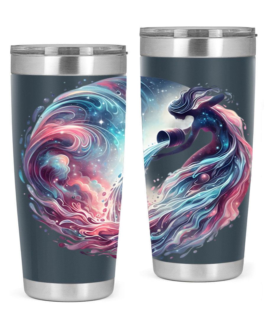 Aquarius 91# Zodiac Tumbler in stainless steel with a sleek design, perfect for hot and cold beverages.
