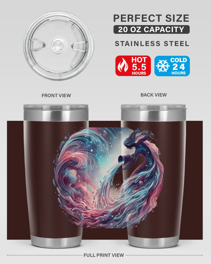 Aquarius 91# Zodiac Tumbler in stainless steel with a sleek design, perfect for hot and cold beverages.