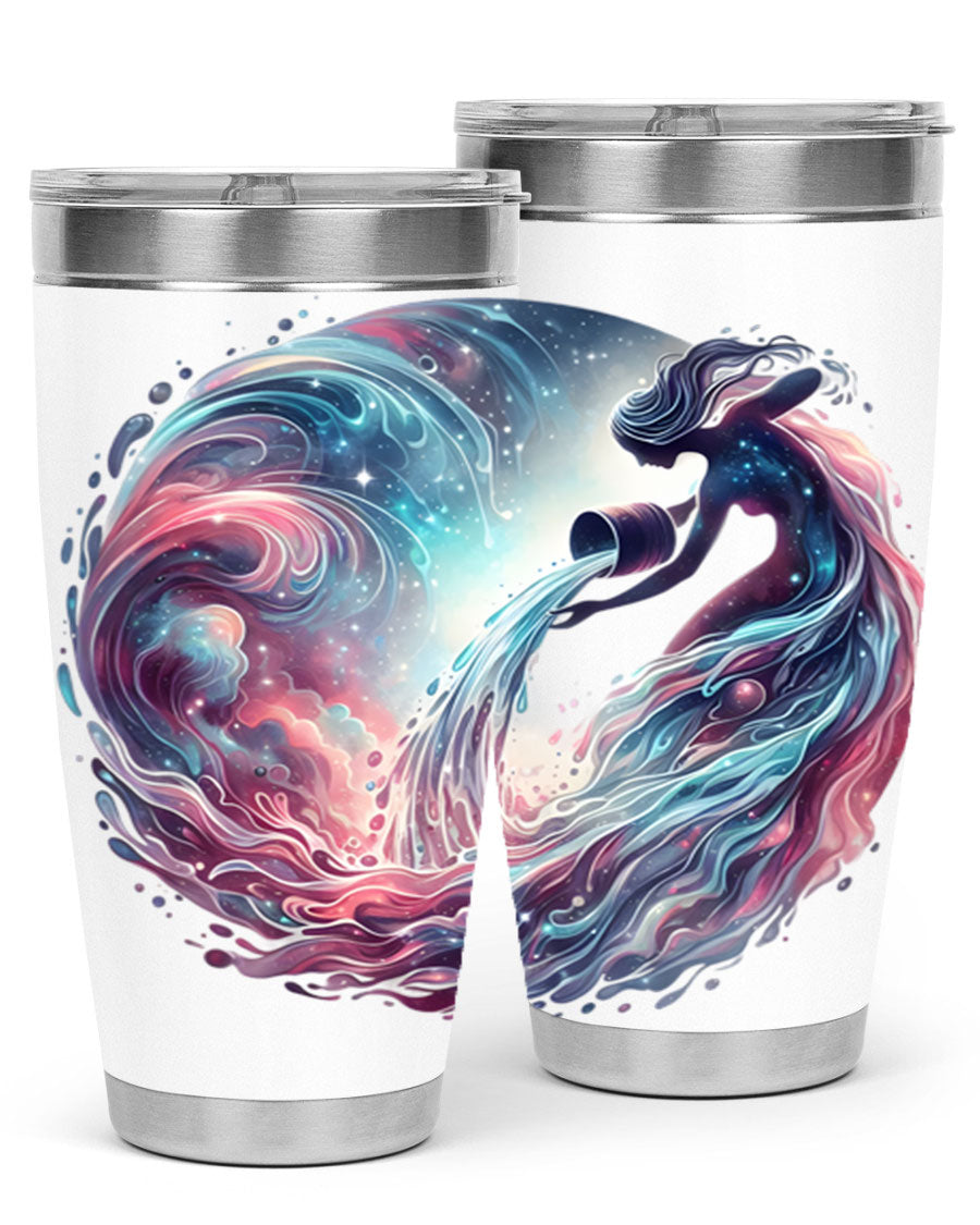 Aquarius 91# Zodiac Tumbler in stainless steel with a sleek design, perfect for hot and cold beverages.