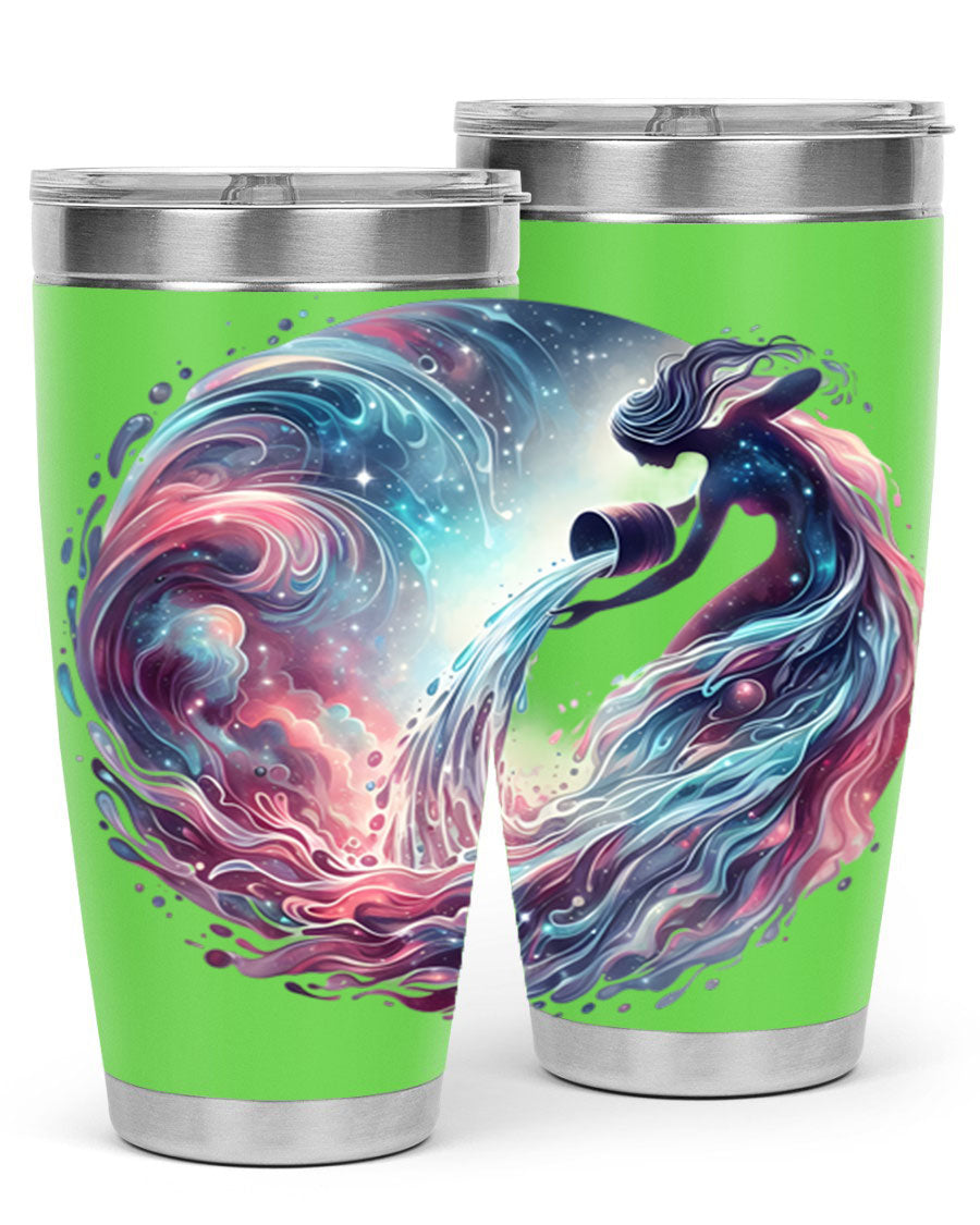 Aquarius 91# Zodiac Tumbler in stainless steel with a sleek design, perfect for hot and cold beverages.