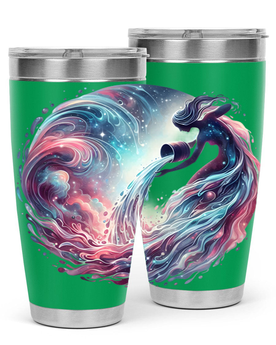 Aquarius 91# Zodiac Tumbler in stainless steel with a sleek design, perfect for hot and cold beverages.