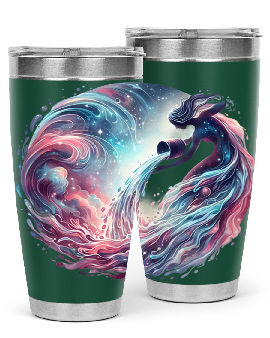 Aquarius 91# Zodiac Tumbler in stainless steel with a sleek design, perfect for hot and cold beverages.