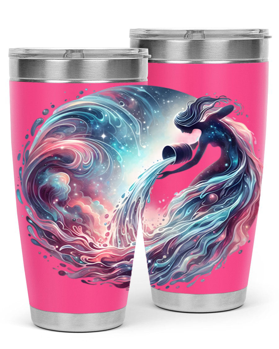 Aquarius 91# Zodiac Tumbler in stainless steel with a sleek design, perfect for hot and cold beverages.
