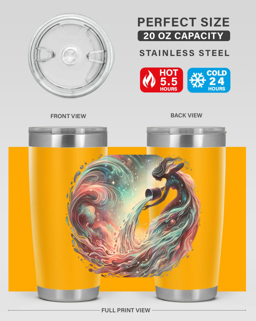 Aquarius 91# Zodiac Tumbler in stainless steel with a sleek design, perfect for hot and cold beverages.