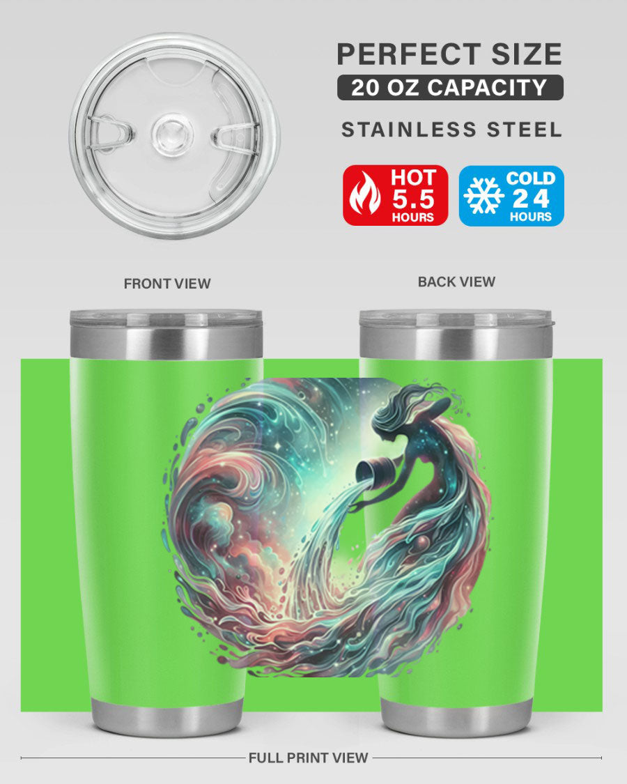 Aquarius 91# Zodiac Tumbler in stainless steel with a sleek design, perfect for hot and cold beverages.