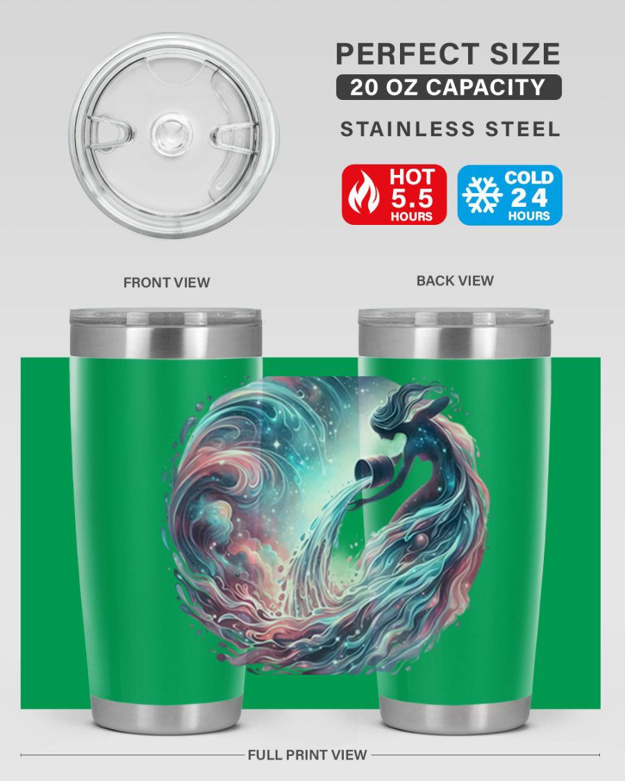 Aquarius 91# Zodiac Tumbler in stainless steel with a sleek design, perfect for hot and cold beverages.