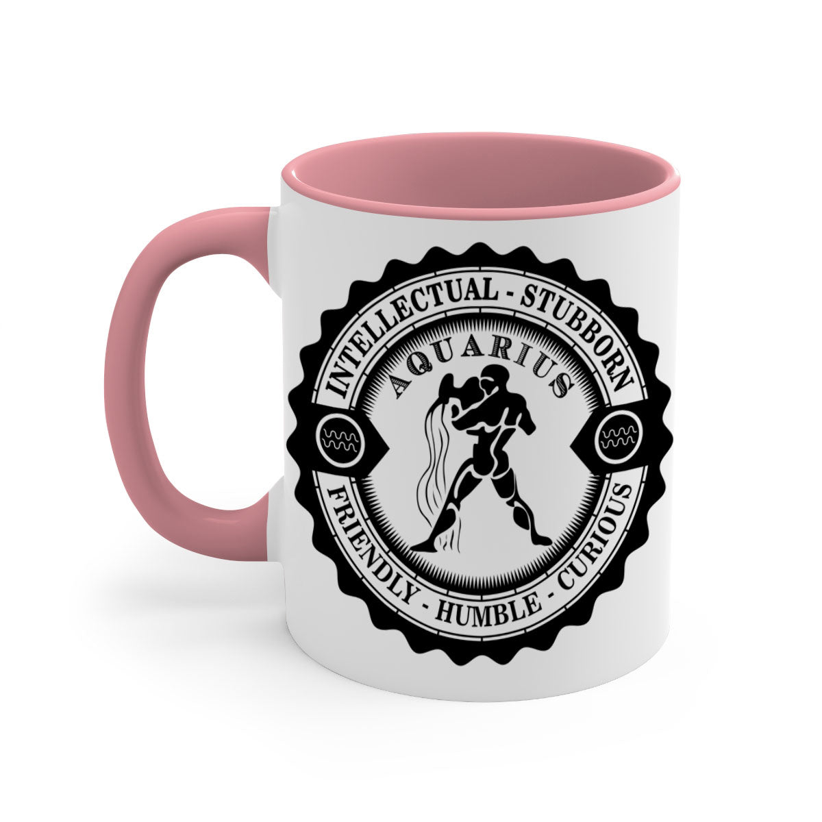 Aquarius black 44# zodiac mug with glossy finish and colored handle, available in two sizes.