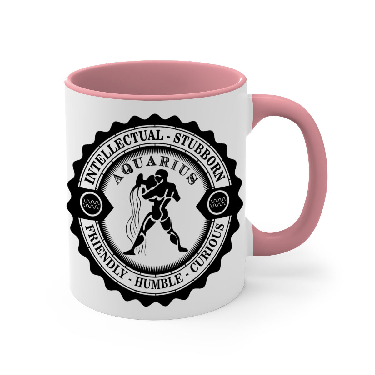 Aquarius black 44# zodiac mug with glossy finish and colored handle, available in two sizes.