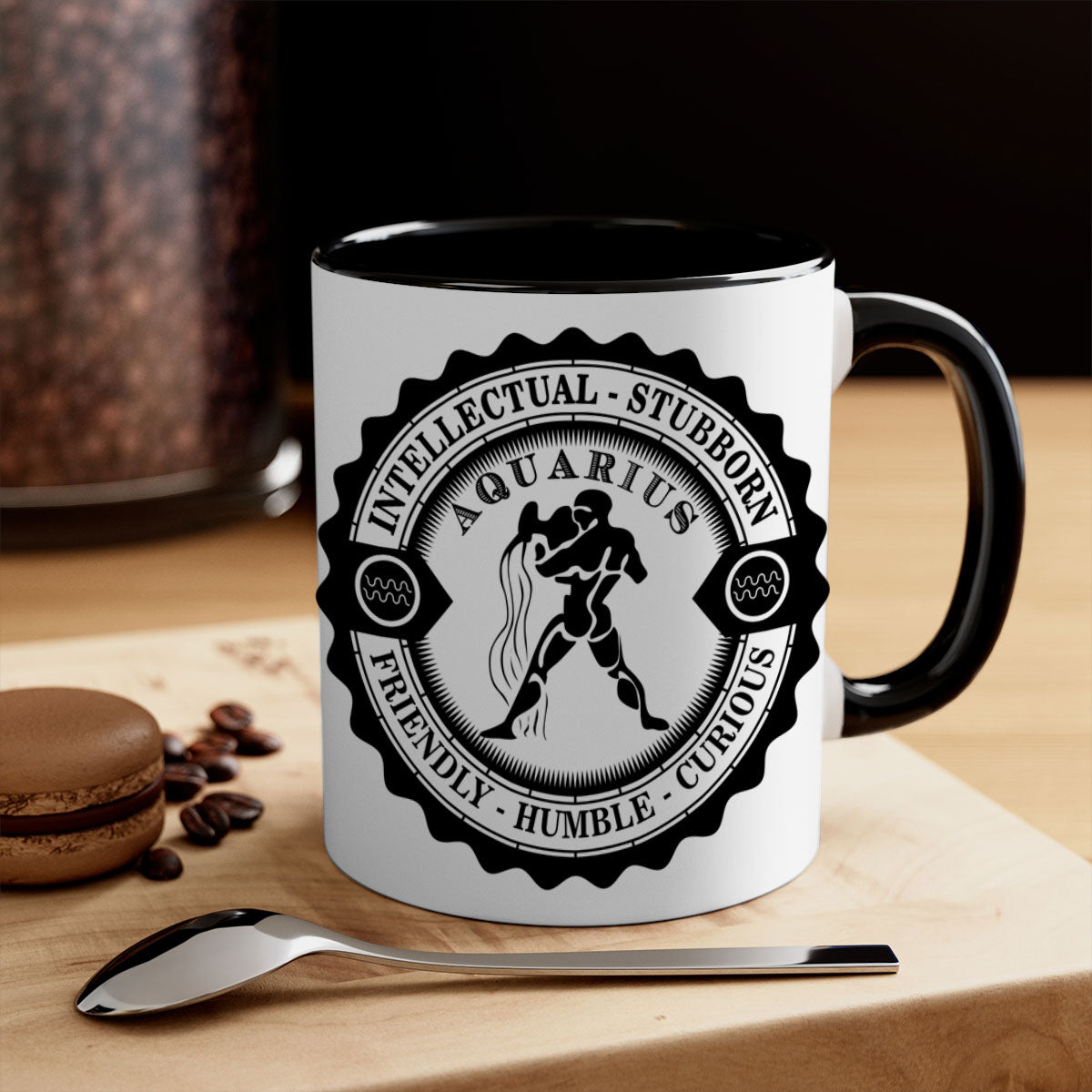 Aquarius black 44# zodiac mug with glossy finish and colored handle, available in two sizes.